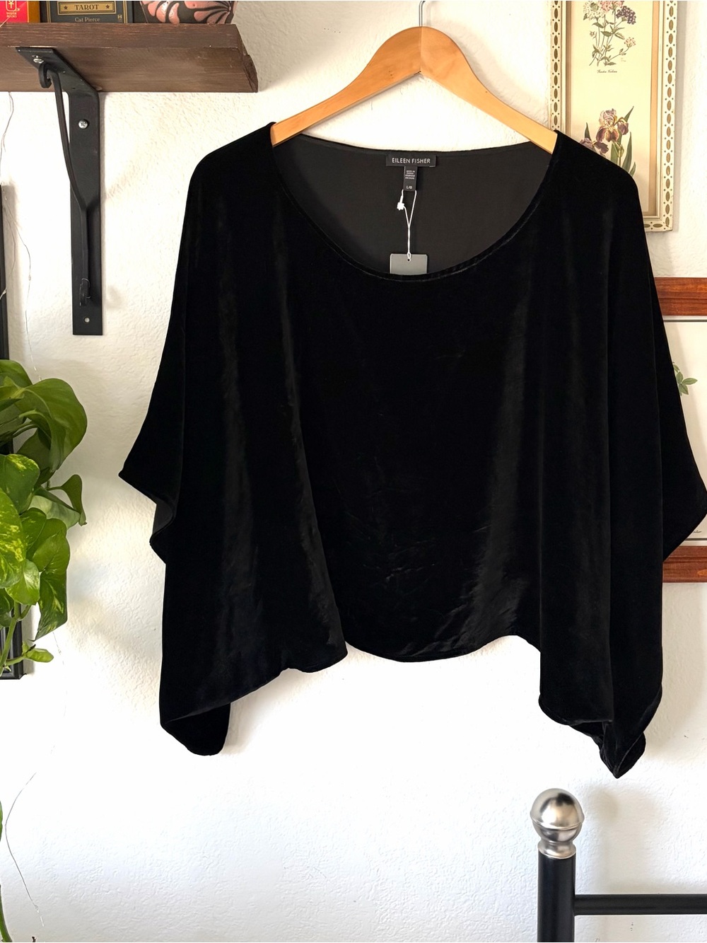 NWT Eileen Fisher Black Velvet Kimono Sleeve Ballet Neck Top - Large